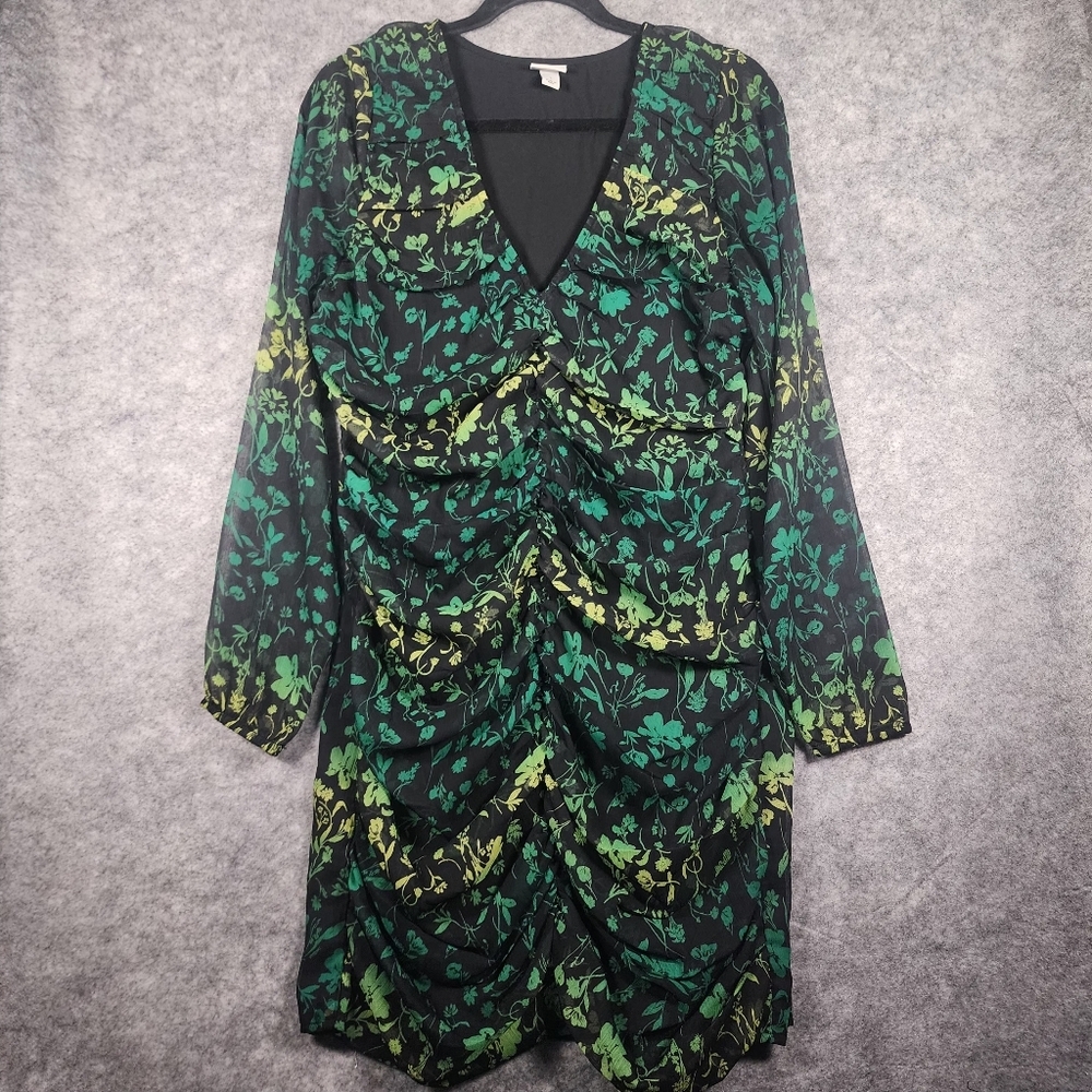 A New Day Long Sleeve Chiffon Side Zipper Floral Ruched Mini Dress Size Large